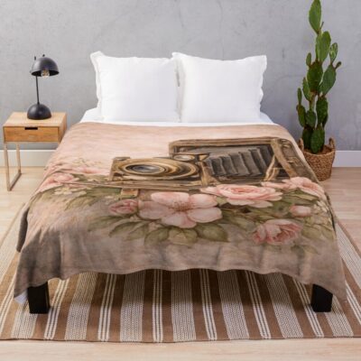 Vintage Camera With Rose Details Throw Blanket