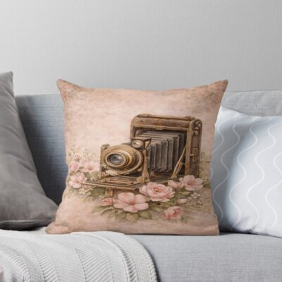 Vintage Camera With Rose Details Throw Pillow